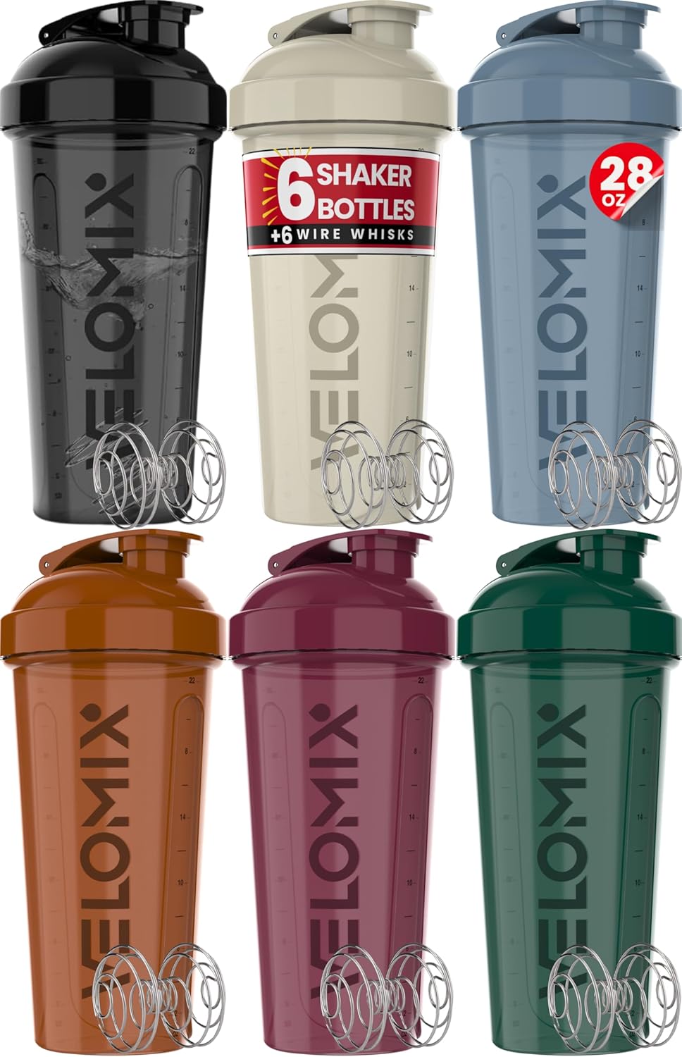 -6 PACK- 28 Oz Protein Shaker Bottle for Protein Mixes - 6X Wire Whisk | Leak Proof Shaker Cups for Protein Shakes | Protein Shaker Bottle Pack | Protein Shake Cup (Hawai Shadows)
