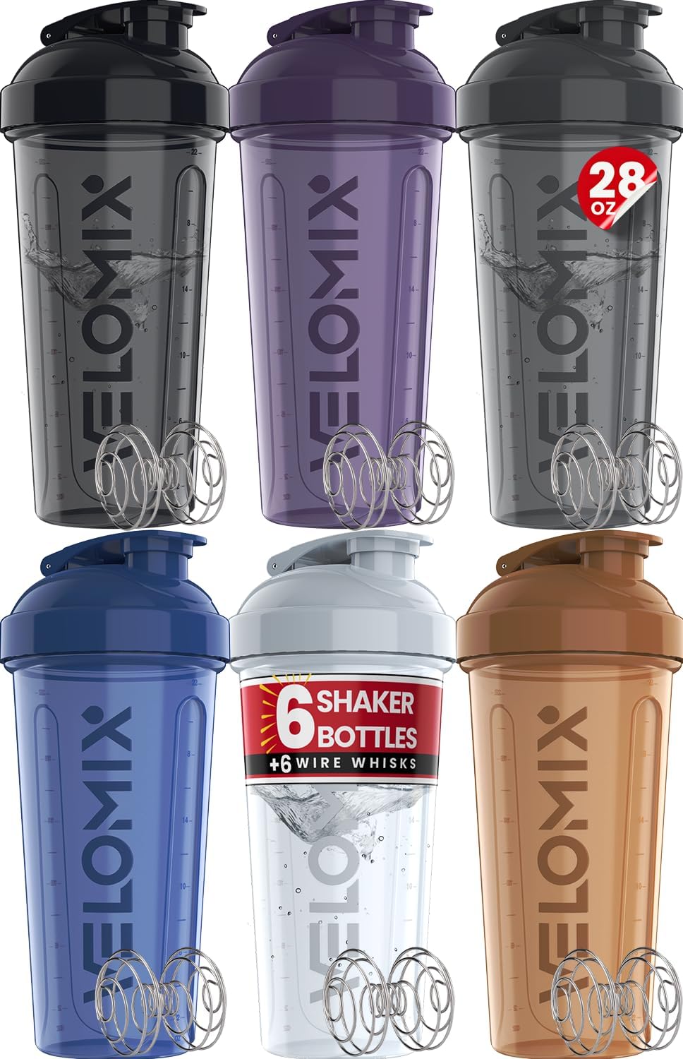 -6 PACK- 28 Oz Protein Shaker Bottle for Protein Mixes - 6X Wire Whisk | Leak Proof Shaker Cups for Protein Shakes | Protein Shaker Bottle Pack | Protein Shake Cup (Hawai Shadows)