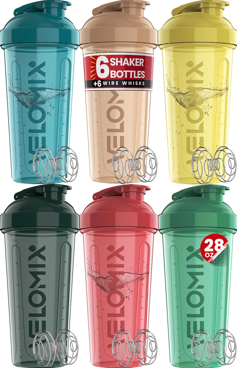 -6 PACK- 28 Oz Protein Shaker Bottle for Protein Mixes - 6X Wire Whisk | Leak Proof Shaker Cups for Protein Shakes | Protein Shaker Bottle Pack | Protein Shake Cup (Hawai Shadows)