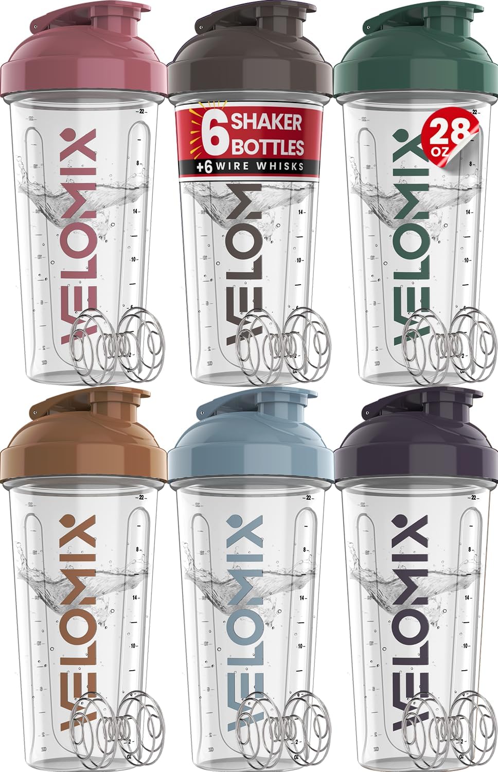-6 PACK- 28 Oz Protein Shaker Bottle for Protein Mixes - 6X Wire Whisk | Leak Proof Shaker Cups for Protein Shakes | Protein Shaker Bottle Pack | Protein Shake Cup (Hawai Shadows)