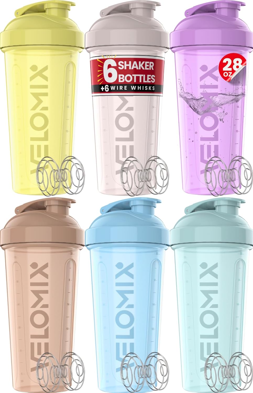 -6 PACK- 28 Oz Protein Shaker Bottle for Protein Mixes - 6X Wire Whisk | Leak Proof Shaker Cups for Protein Shakes | Protein Shaker Bottle Pack | Protein Shake Cup (Hawai Shadows)